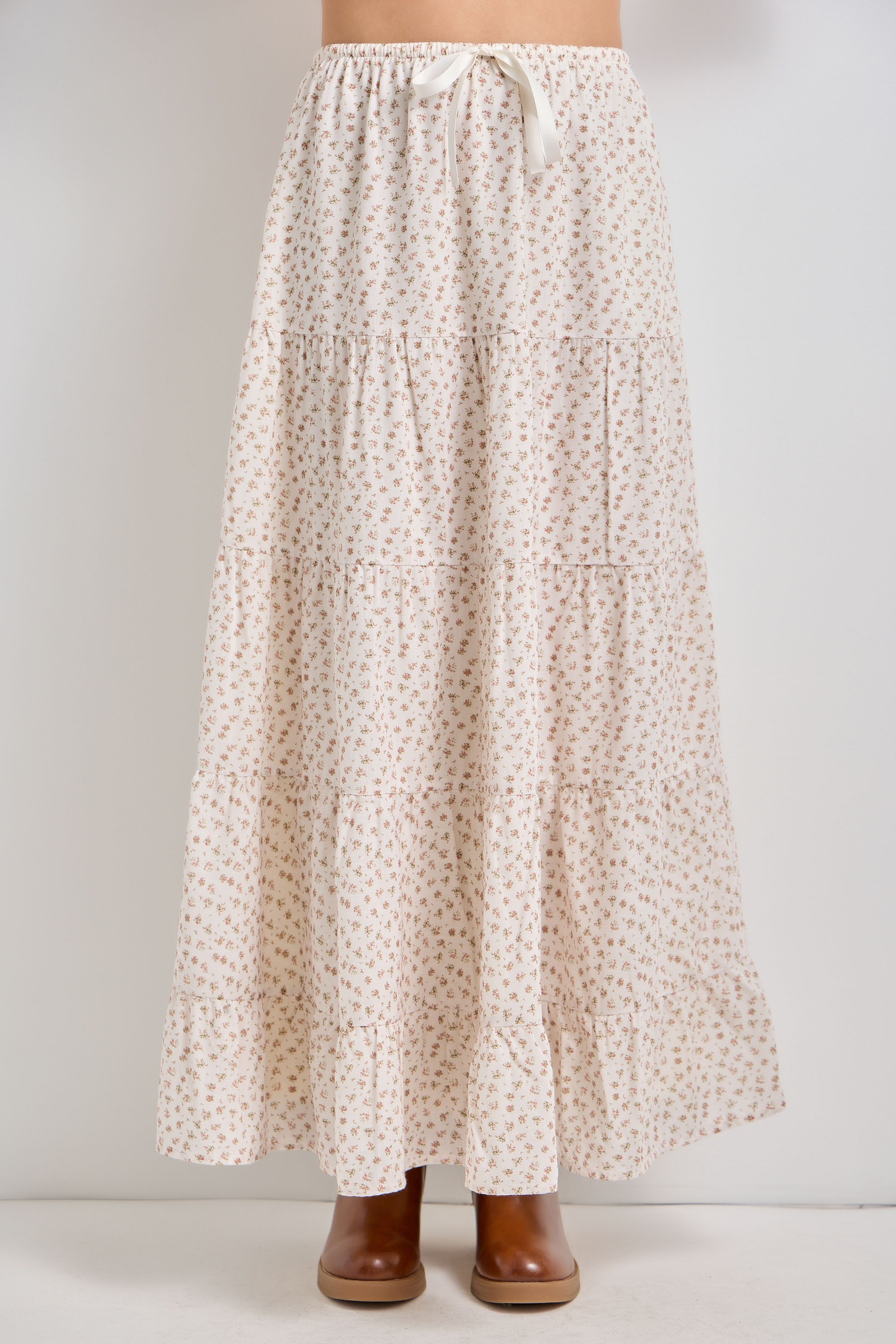 Plus Size Floral Print Drawstring Tiered Midi Skirt