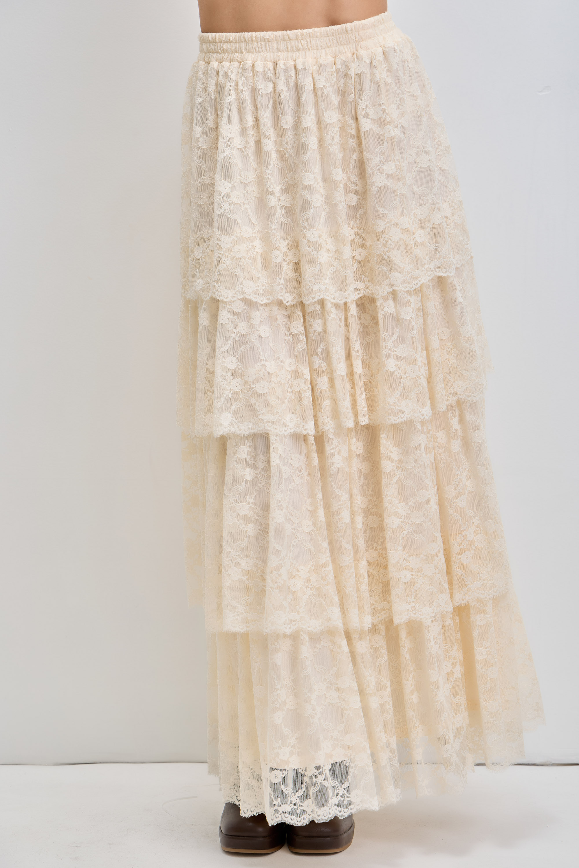Plus Size Mesh Floral Printed Tiered Maxi Skirt
