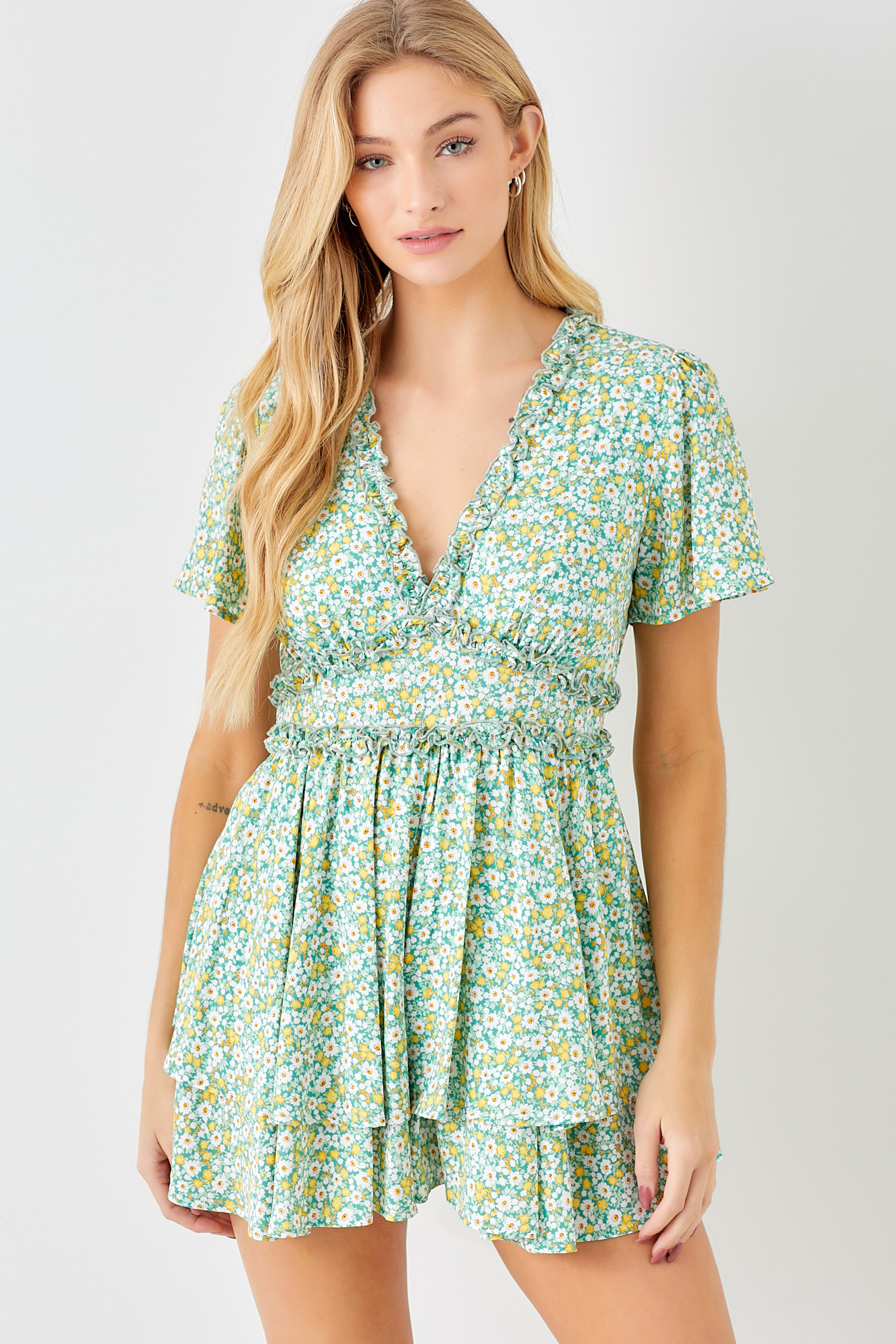 V-Neck Ditsy Floral Print Romper With Ruffle Detail