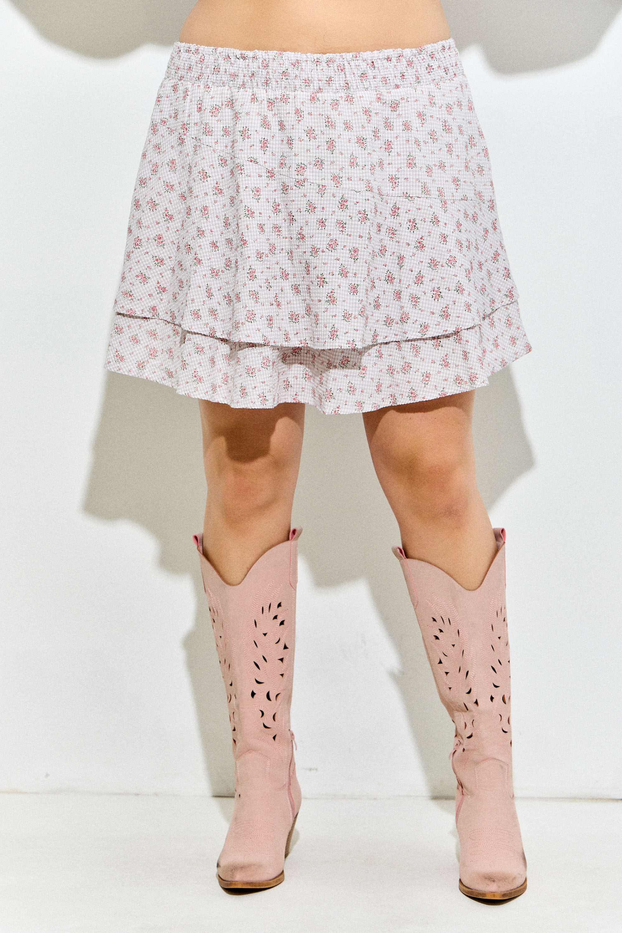 Floral Print Gingham Skort