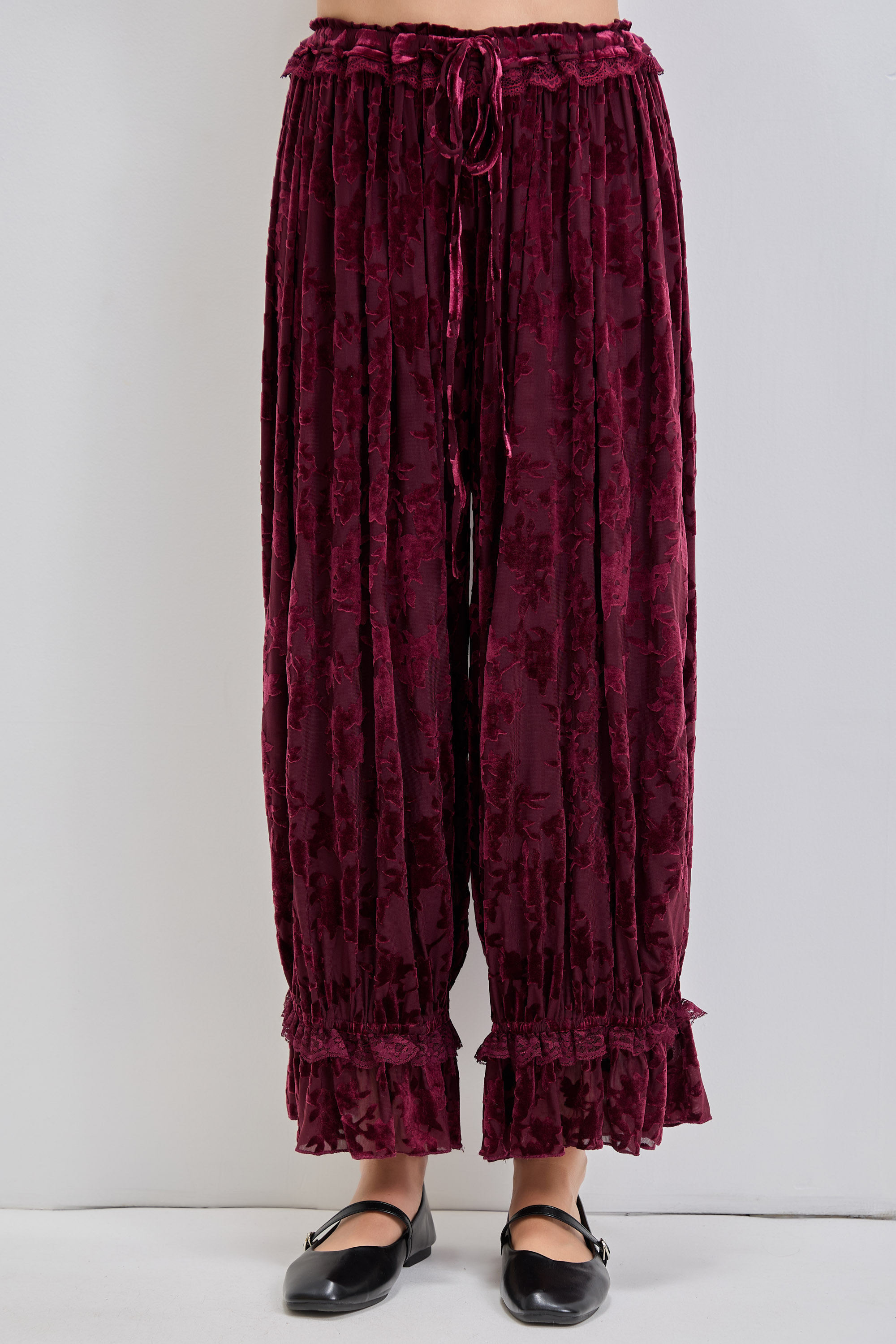 Burnout Velvet Lace Trim Drawstring Pants