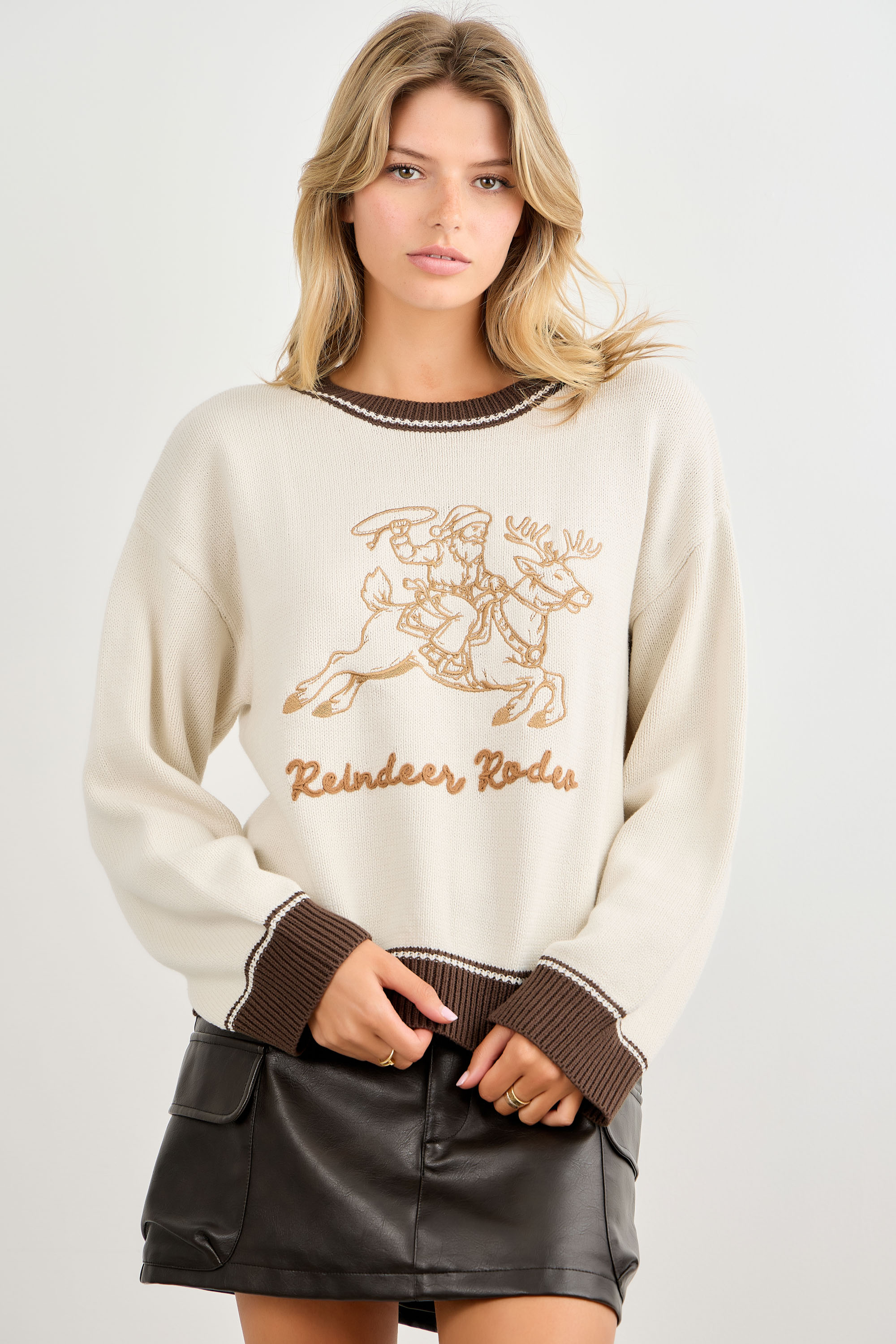 Reindeer Rodeo Contrast Hem Sweater Bsw3429