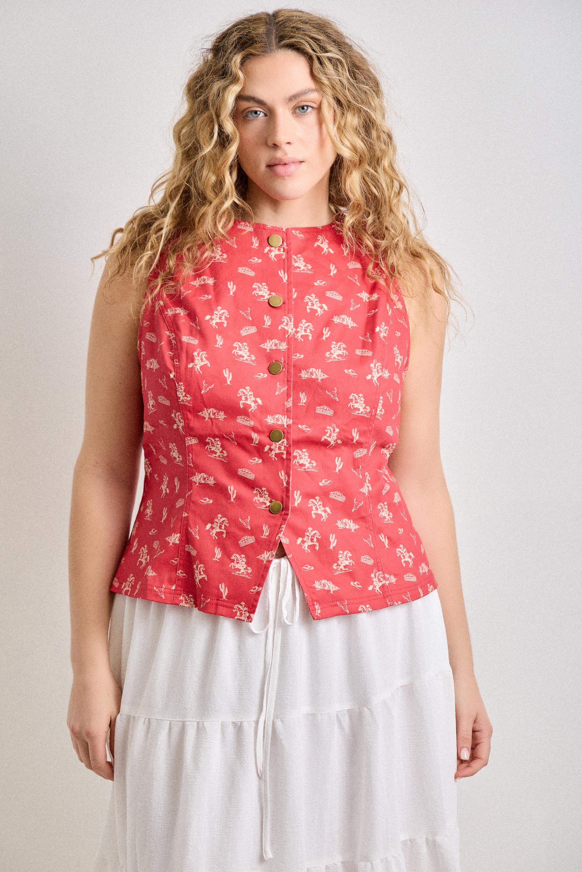 PLUS SIZE Western Print Button-Front Vest Top
