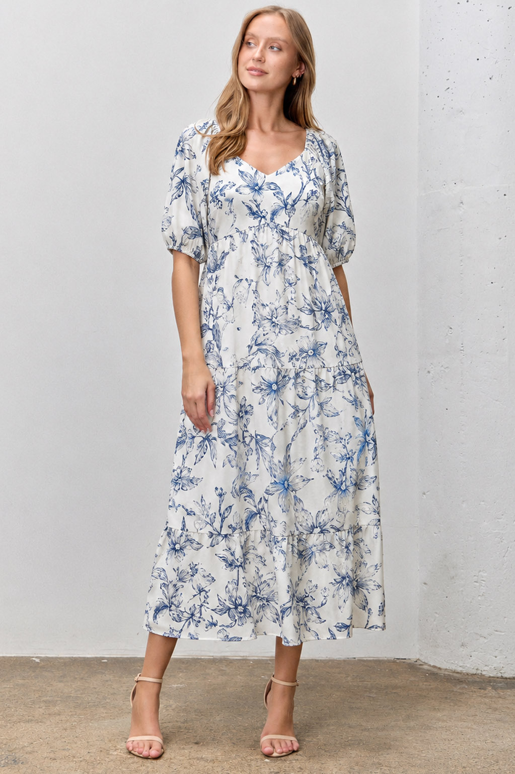 Floral Print Puff Sleeve Midi Dress