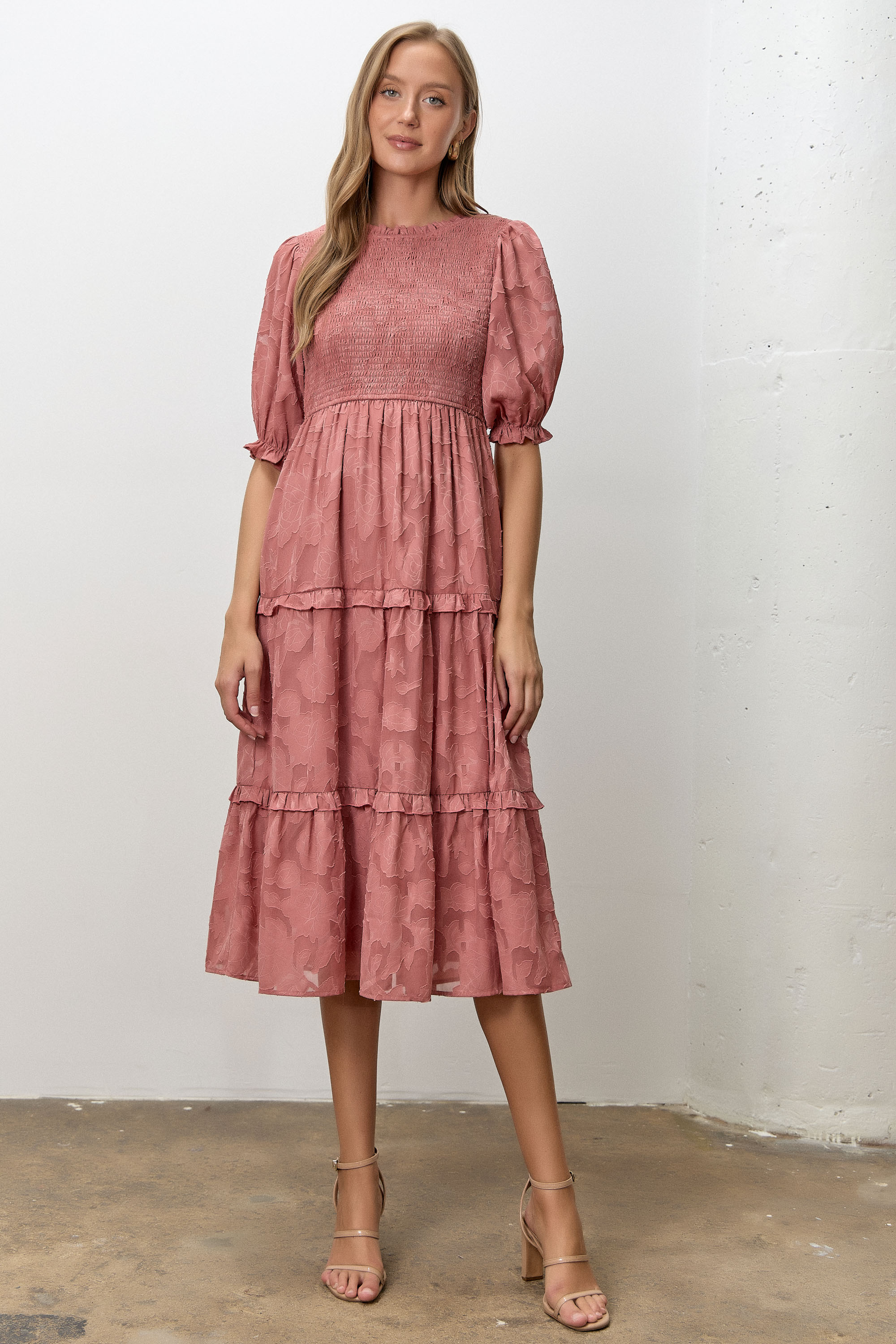 Floral Jacquard Smocked Bodice Tiered Midi Dress