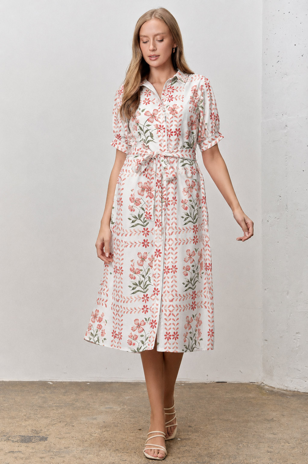 Floral Print Waist Tie Midi Dress
