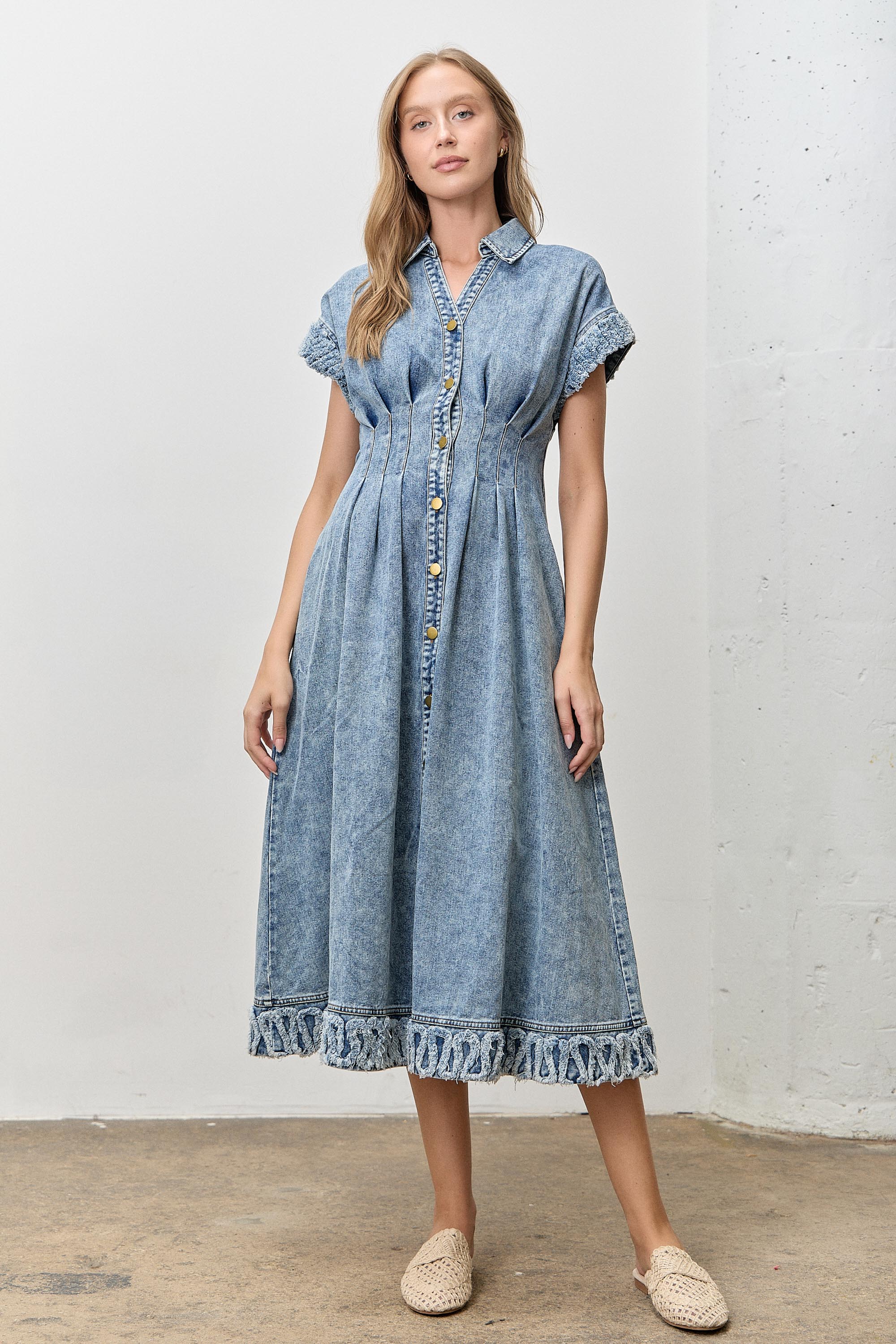 Denim Short Sleeve Midi Dress