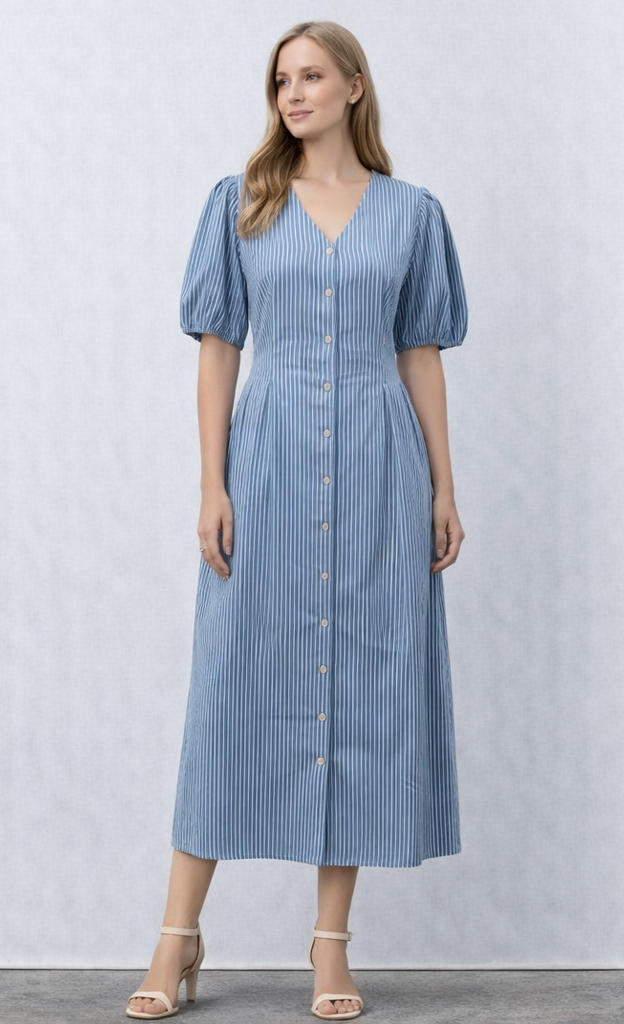 Plus Size Pinstripe Denim Button Up Dress