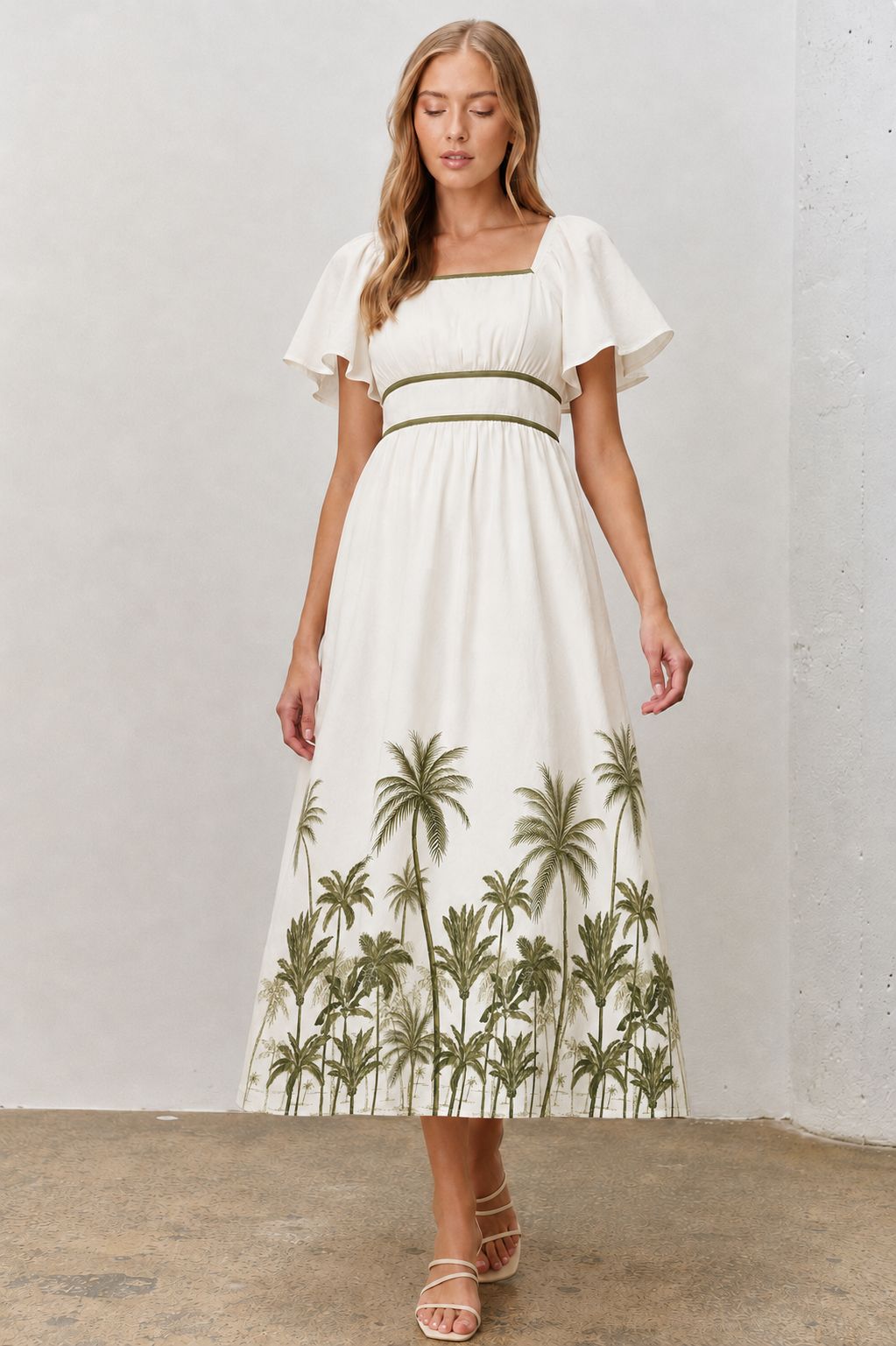 Palm Tree Print Square Neck Midi Dress