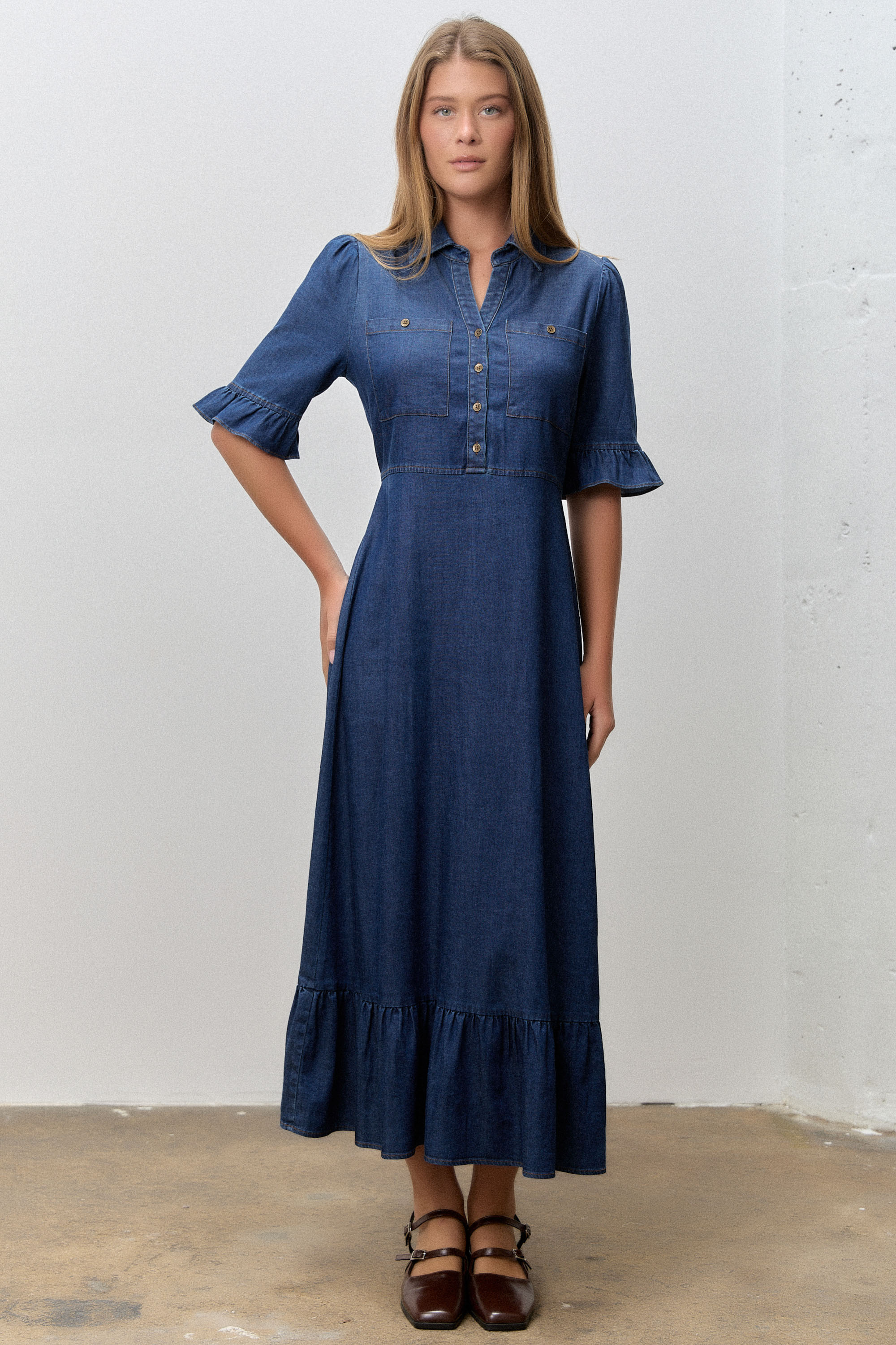 Short Sleeve Tiered Denim Midi Shirt Dress