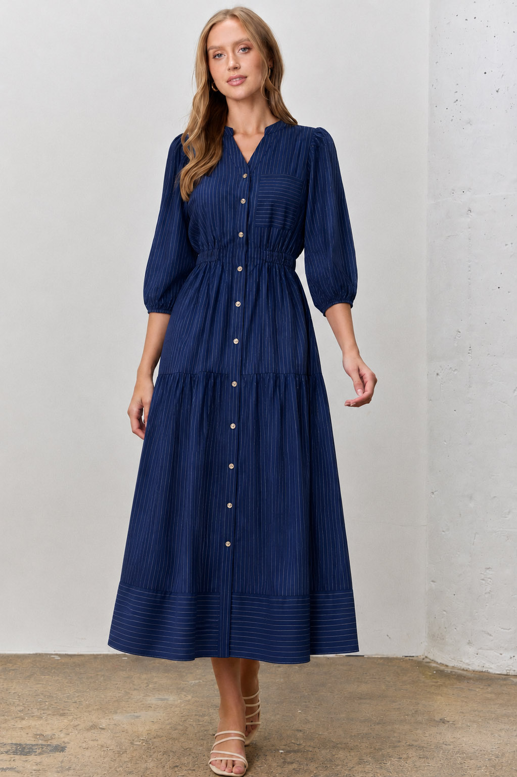 Pinstripe Button Up Midi Dress