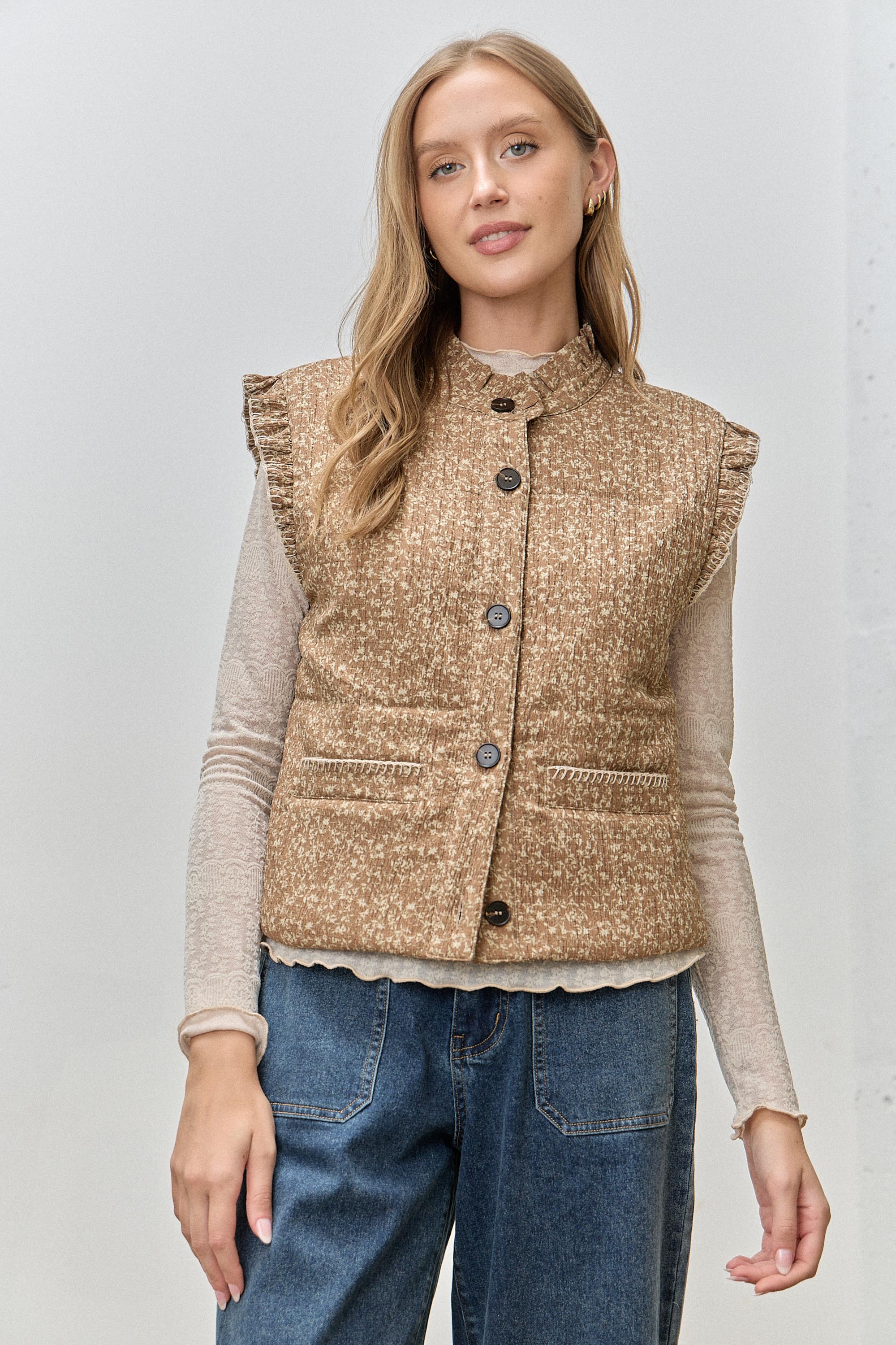 Floral Printed Ruffle Neck Puffer Vest