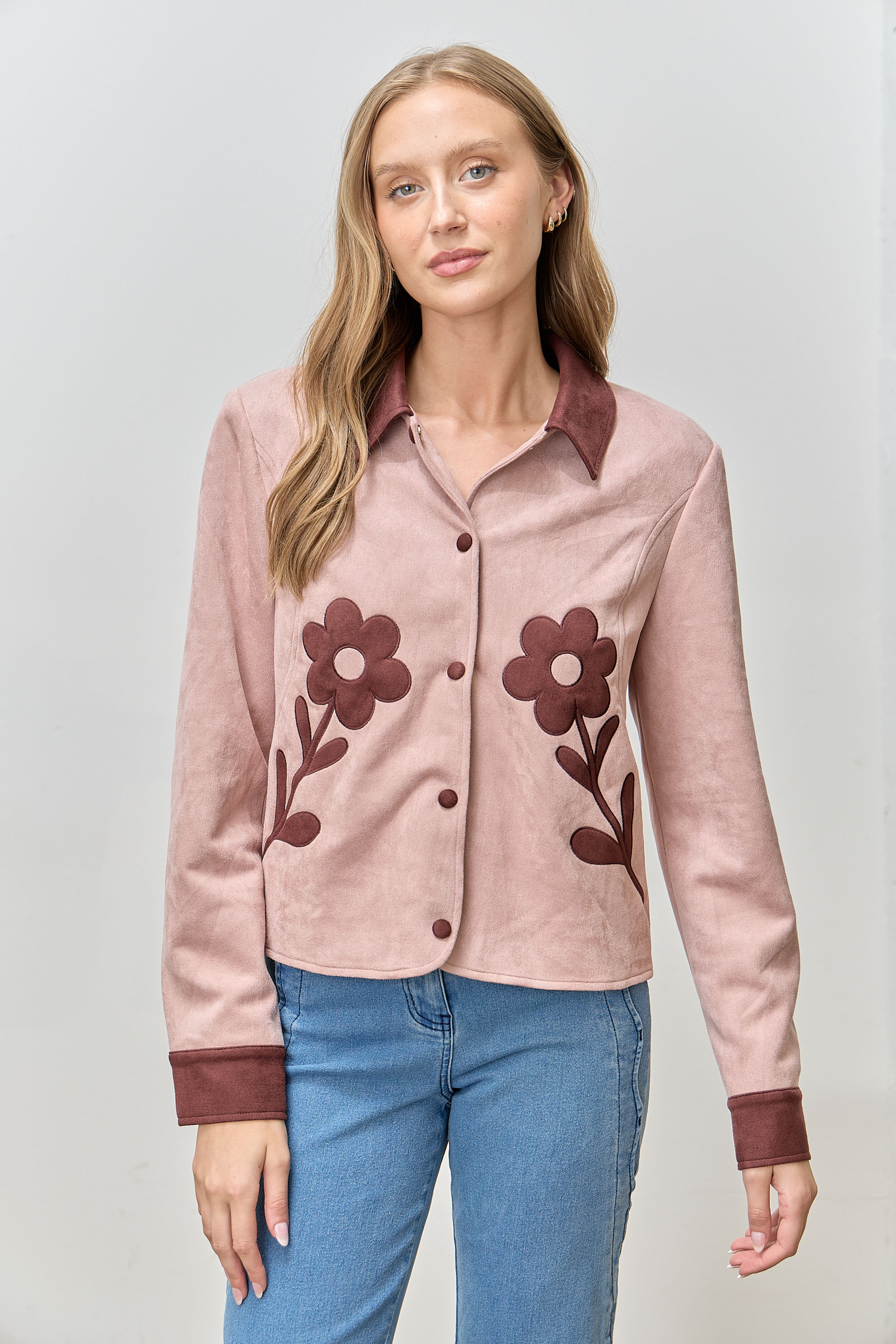 Flower Applique Suede Jacket
