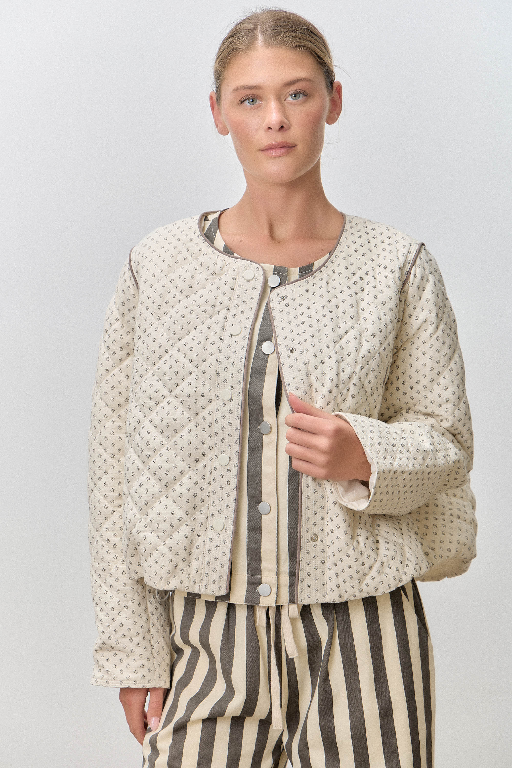 Cotton Ditsy Print Quilted Button Up Jacket