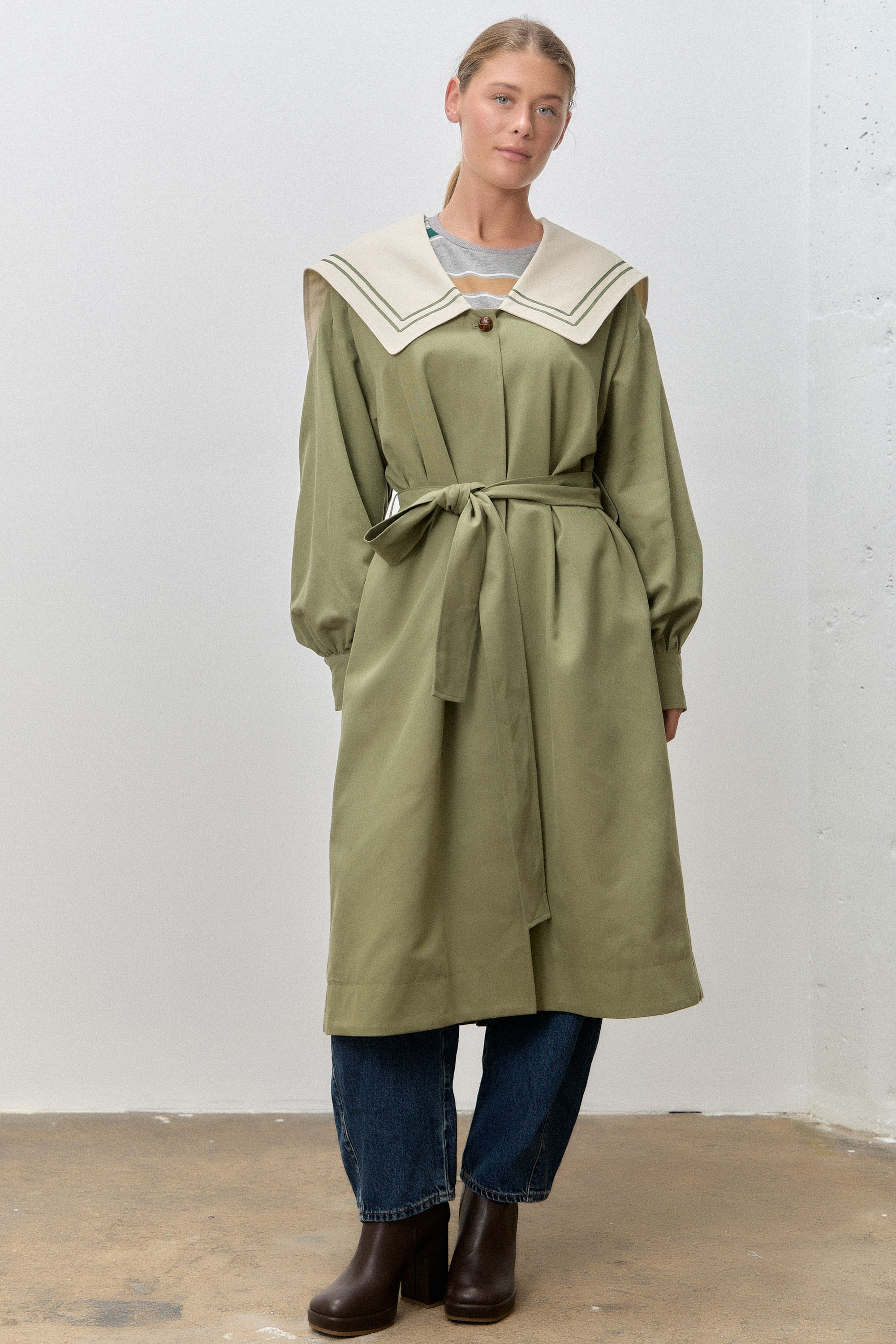 Contrast Collar Waist Tie Jacket