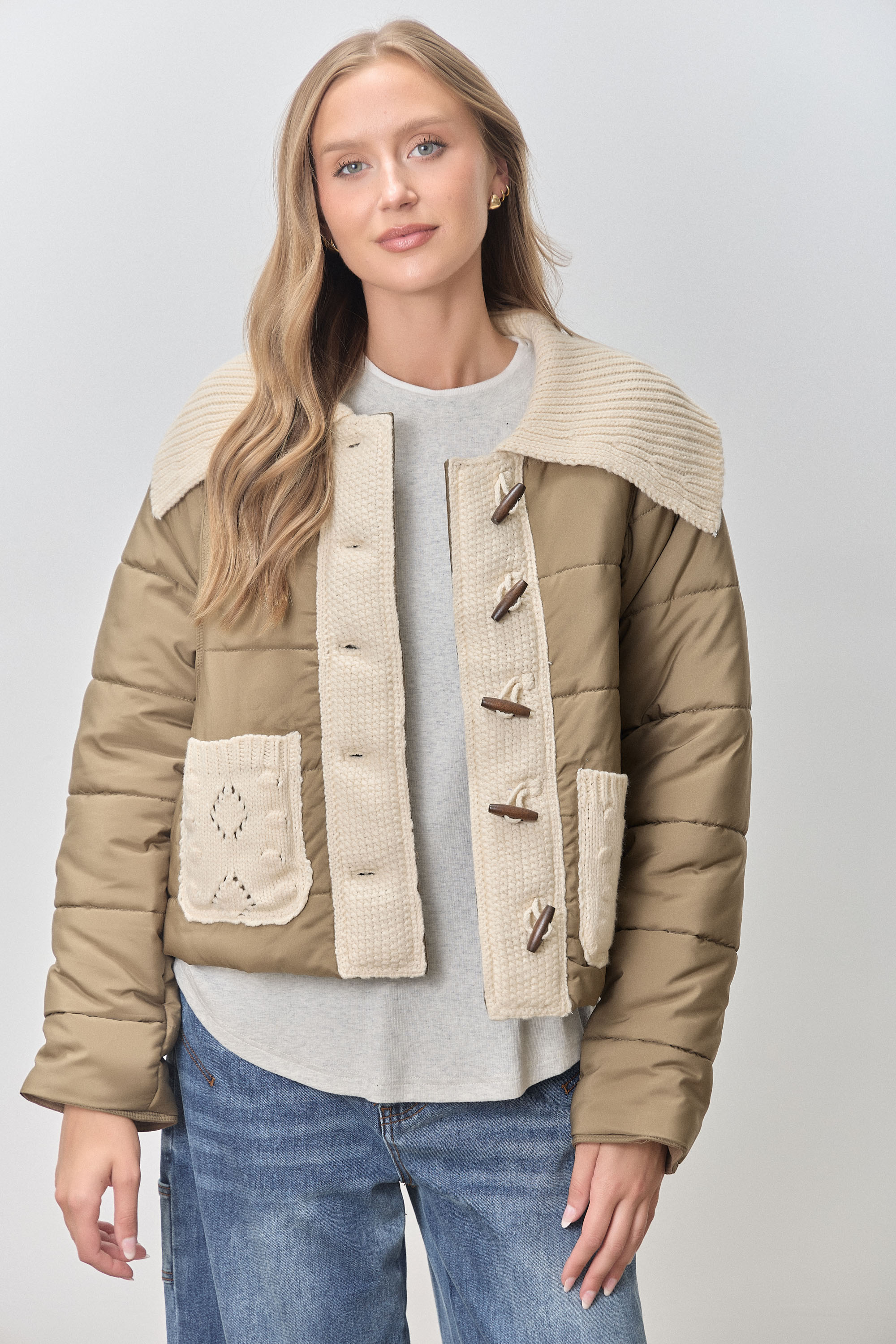 Plus Size Puff Jacket W/ Contrast Knit Details