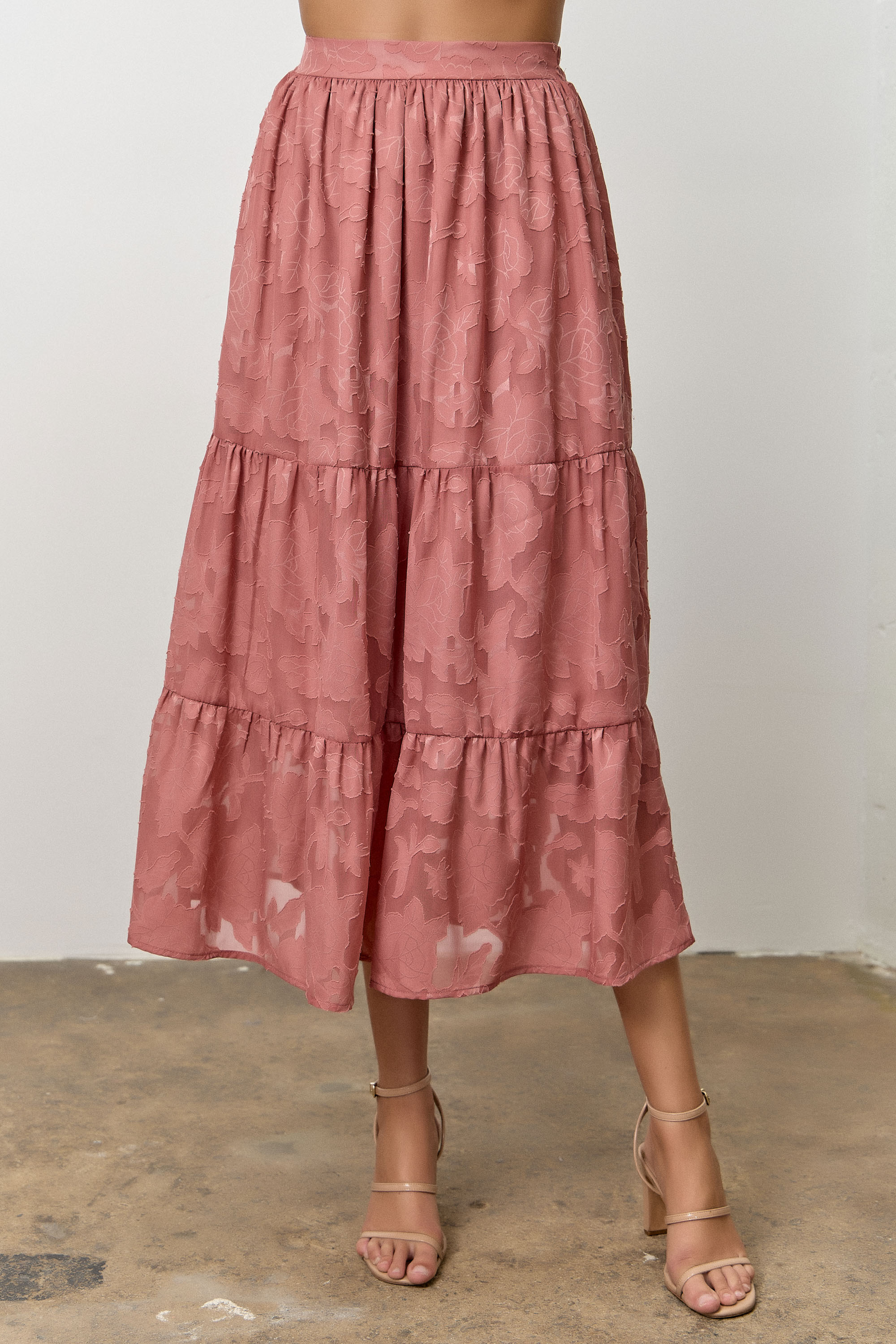Floral Jacquard Tiered Midi Skirt