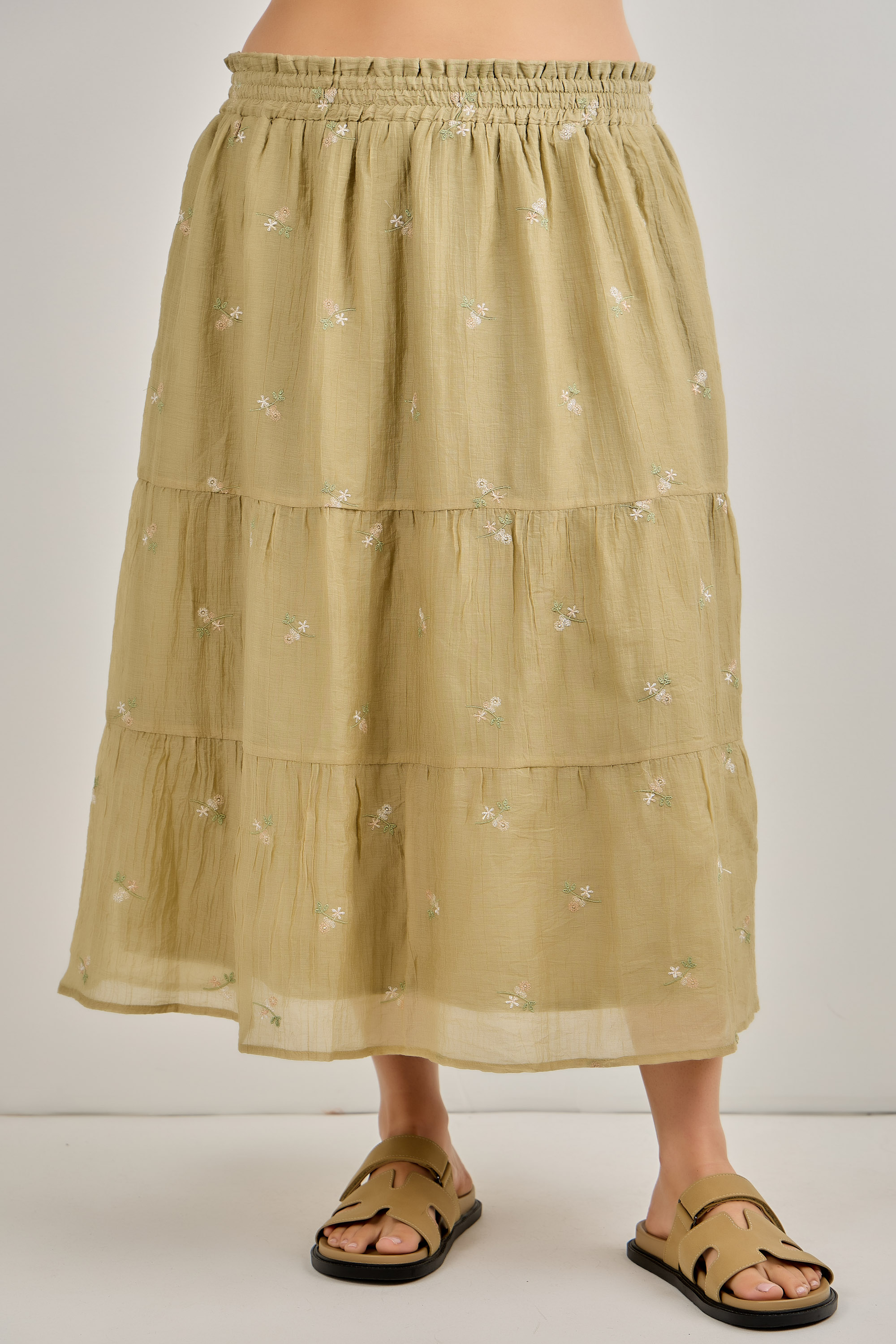 Plus Size Flower Embroidered Elastic Waist Midi Skirt