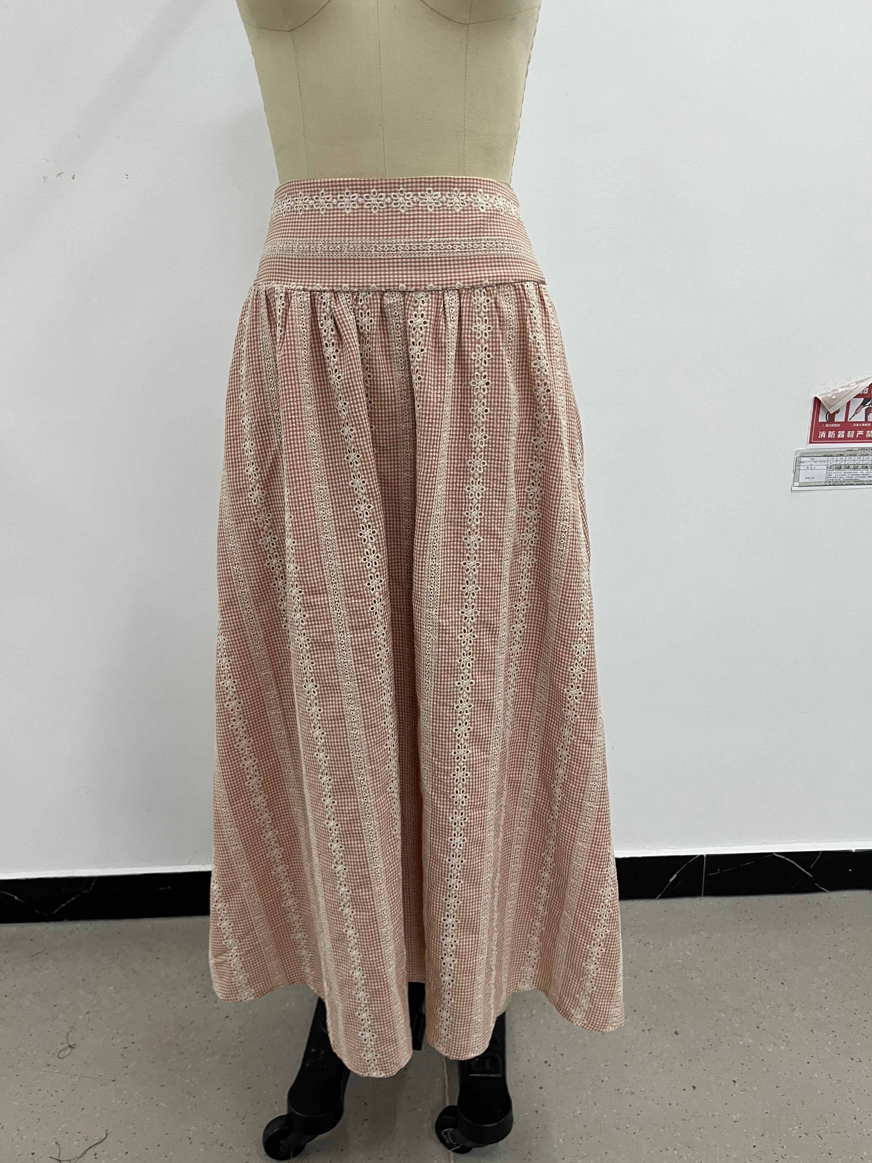 Embroidered Gingham Print Midi Skirt