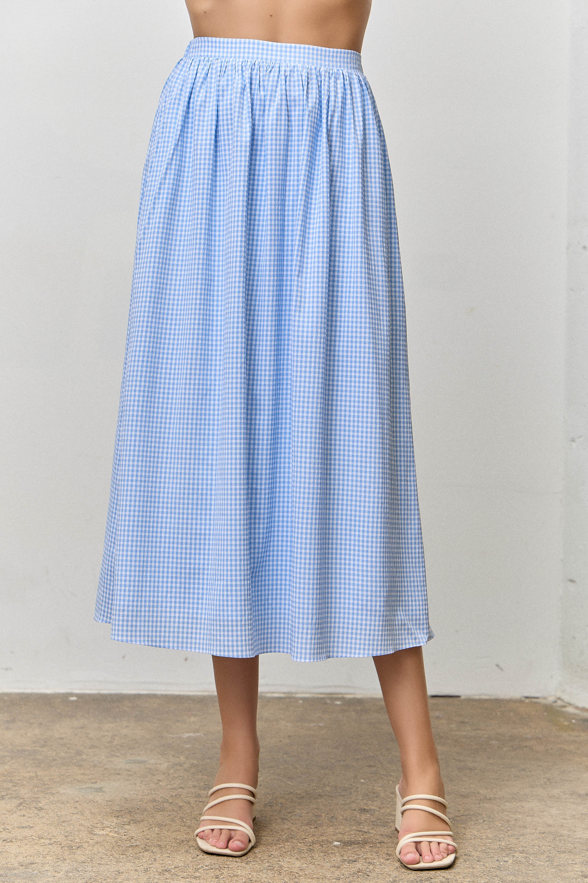 Gingham Print Elastic Back Waist Midi Skirt
