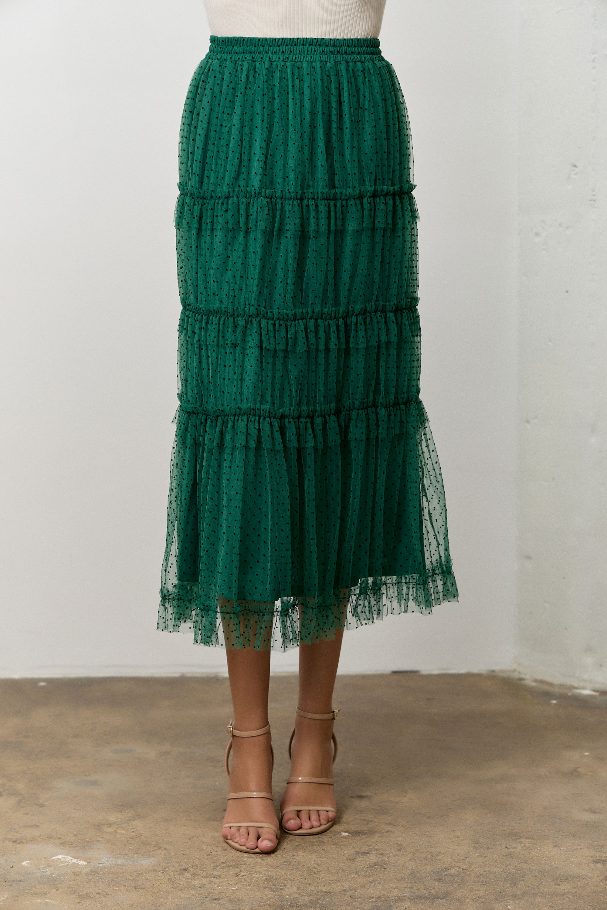 Polka Dot Mesh Midi Skirt