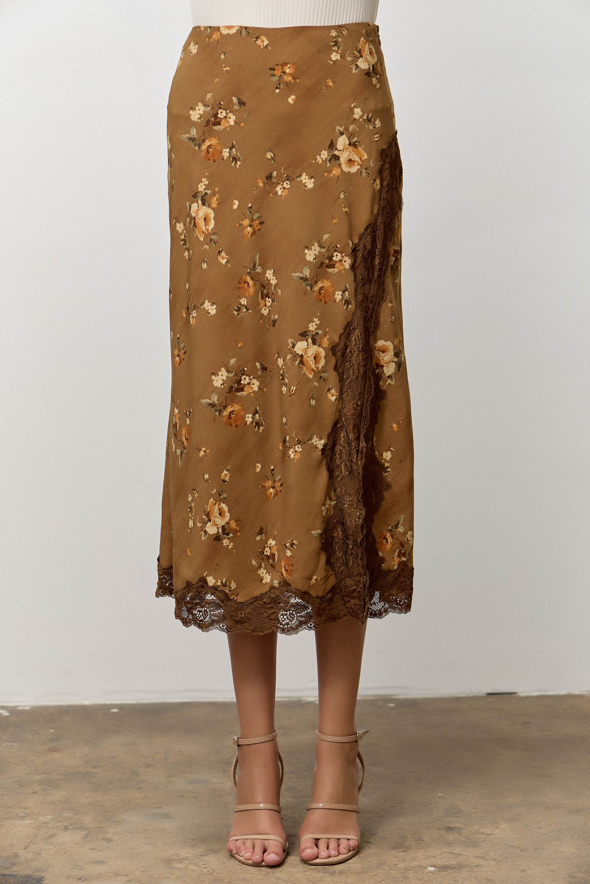Floral Print Lace Trim Midi Skirt