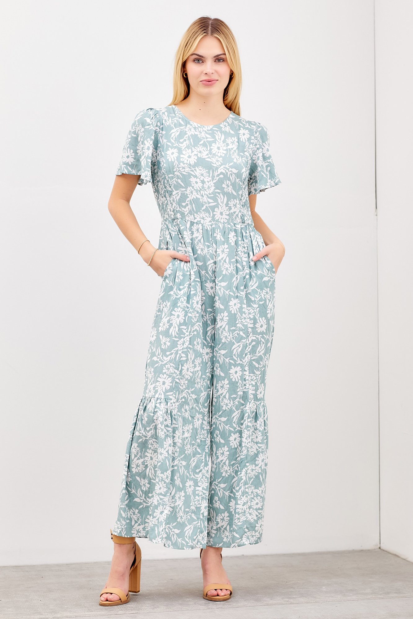 Floral Print Jumpsuit With Side Smocking
