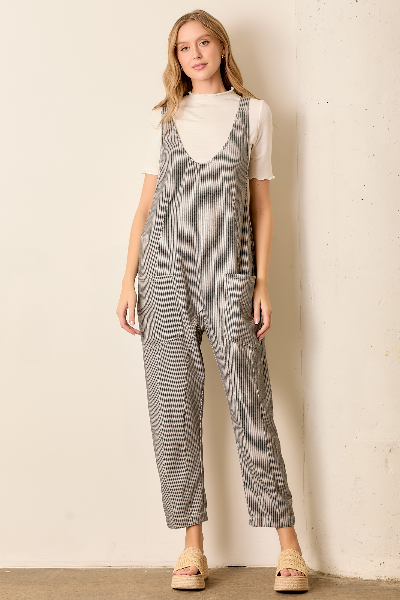 Textured Scoop Neck Overalls