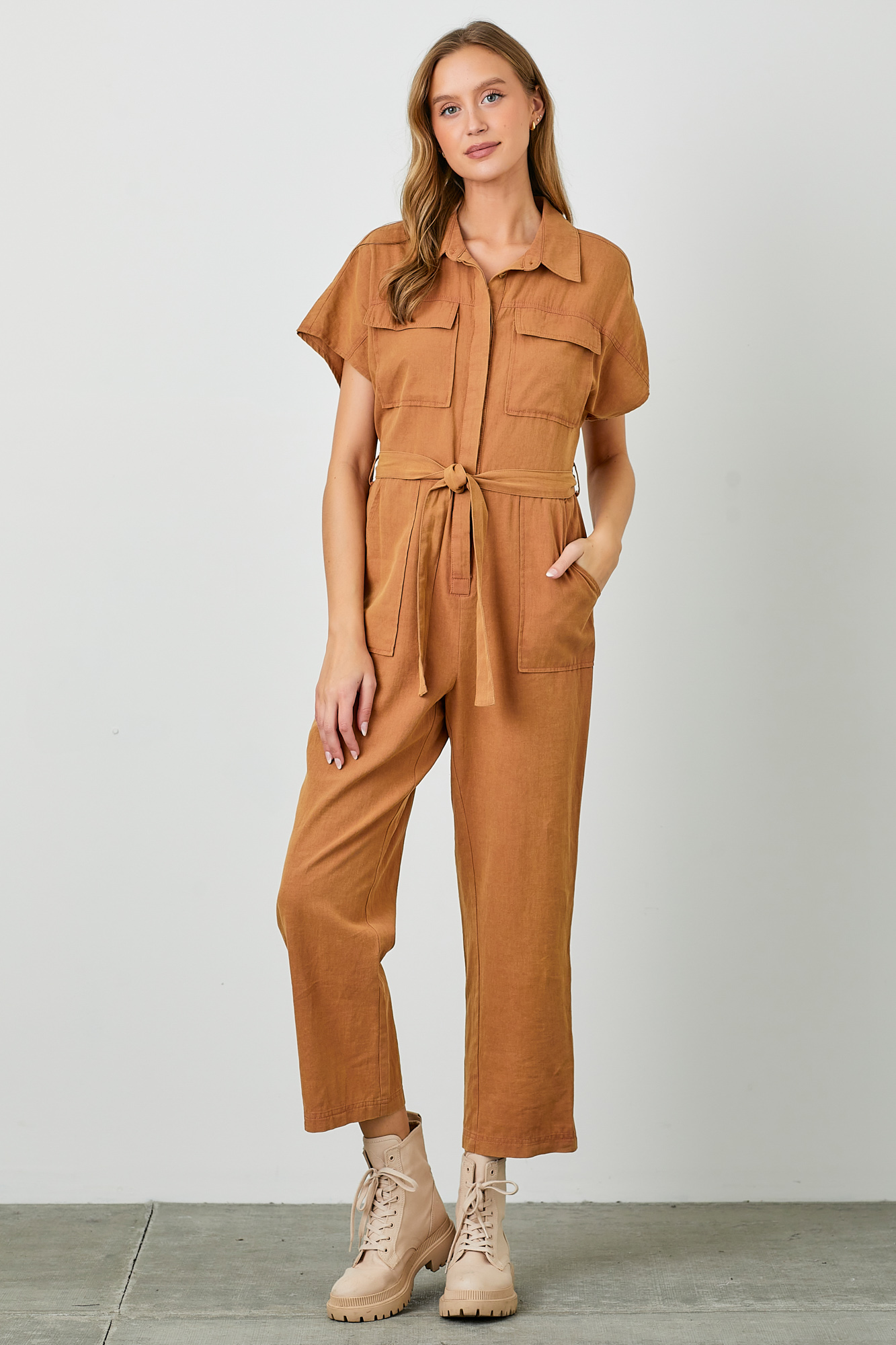 Washed Tie Waist Utility Jumpsuit