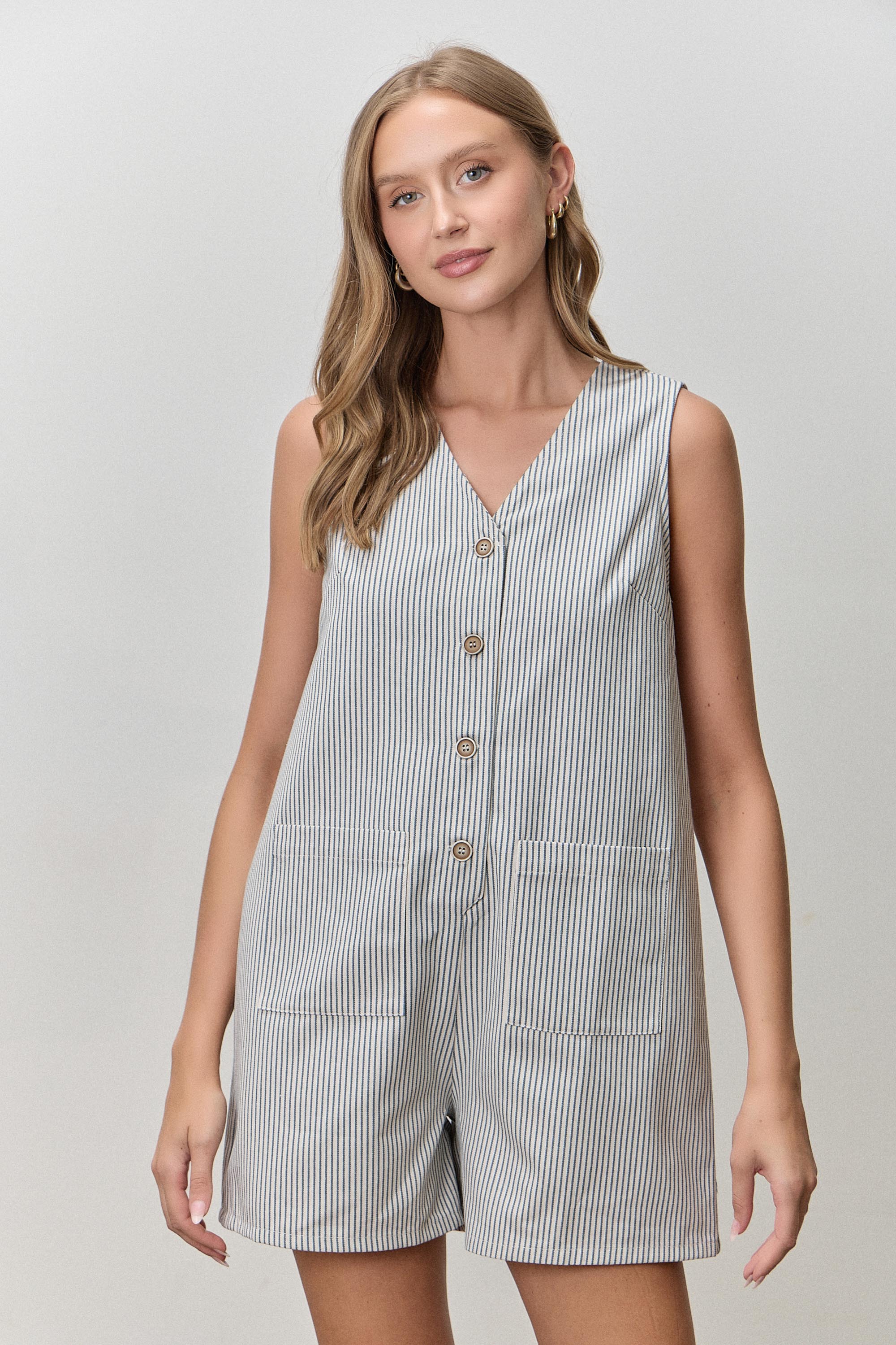 Striped V-Neck Sleeveless Button-Down Romper