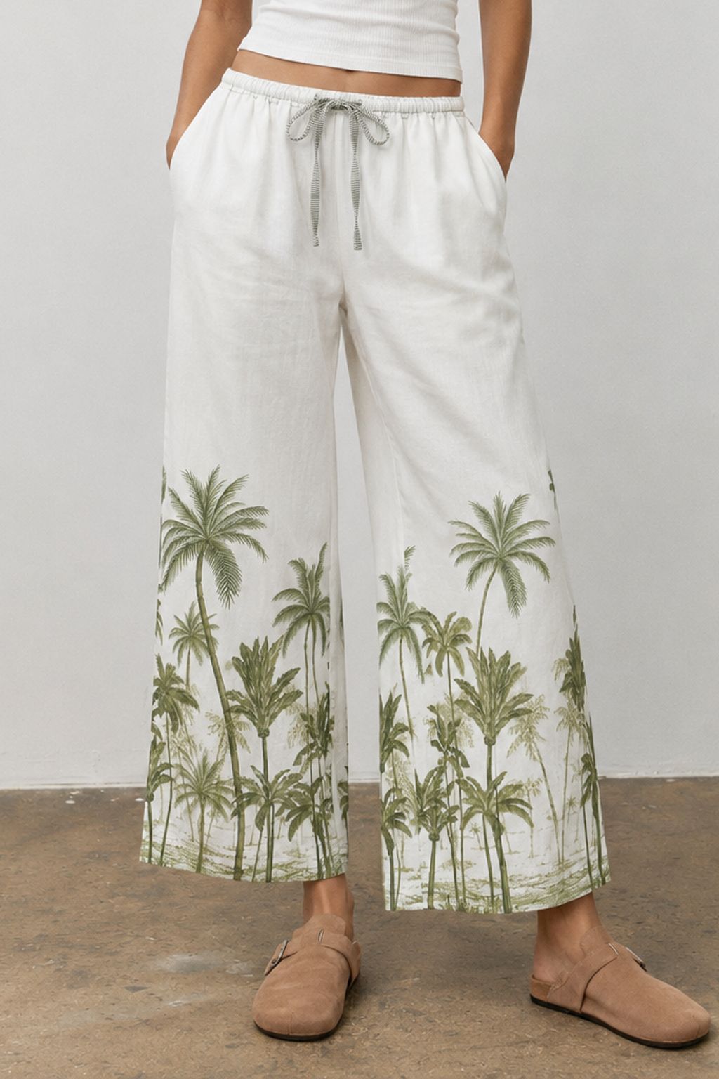 Palm Tree Print Drawstring Pants