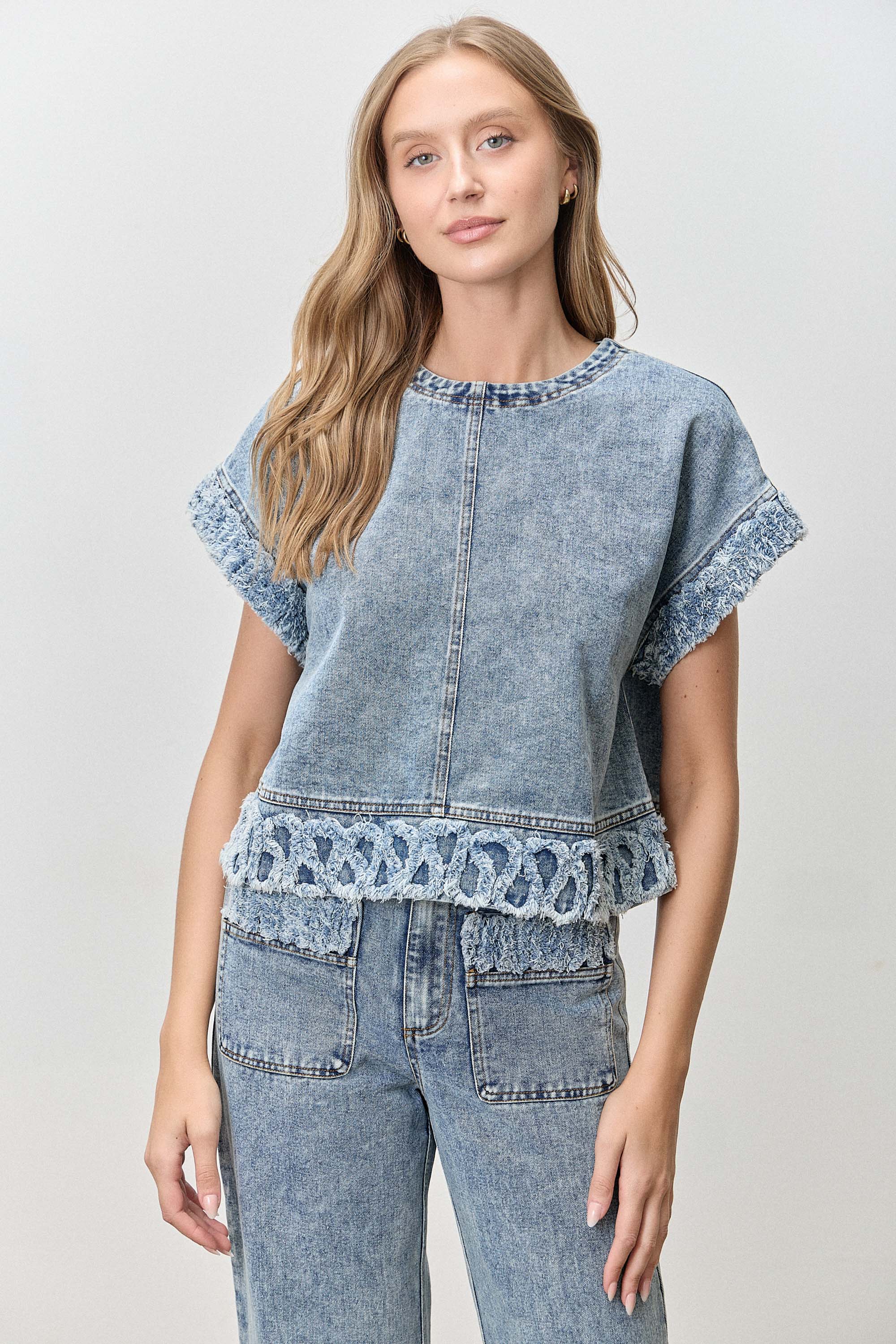 Heart Crochet Trim Boxy Denim Top