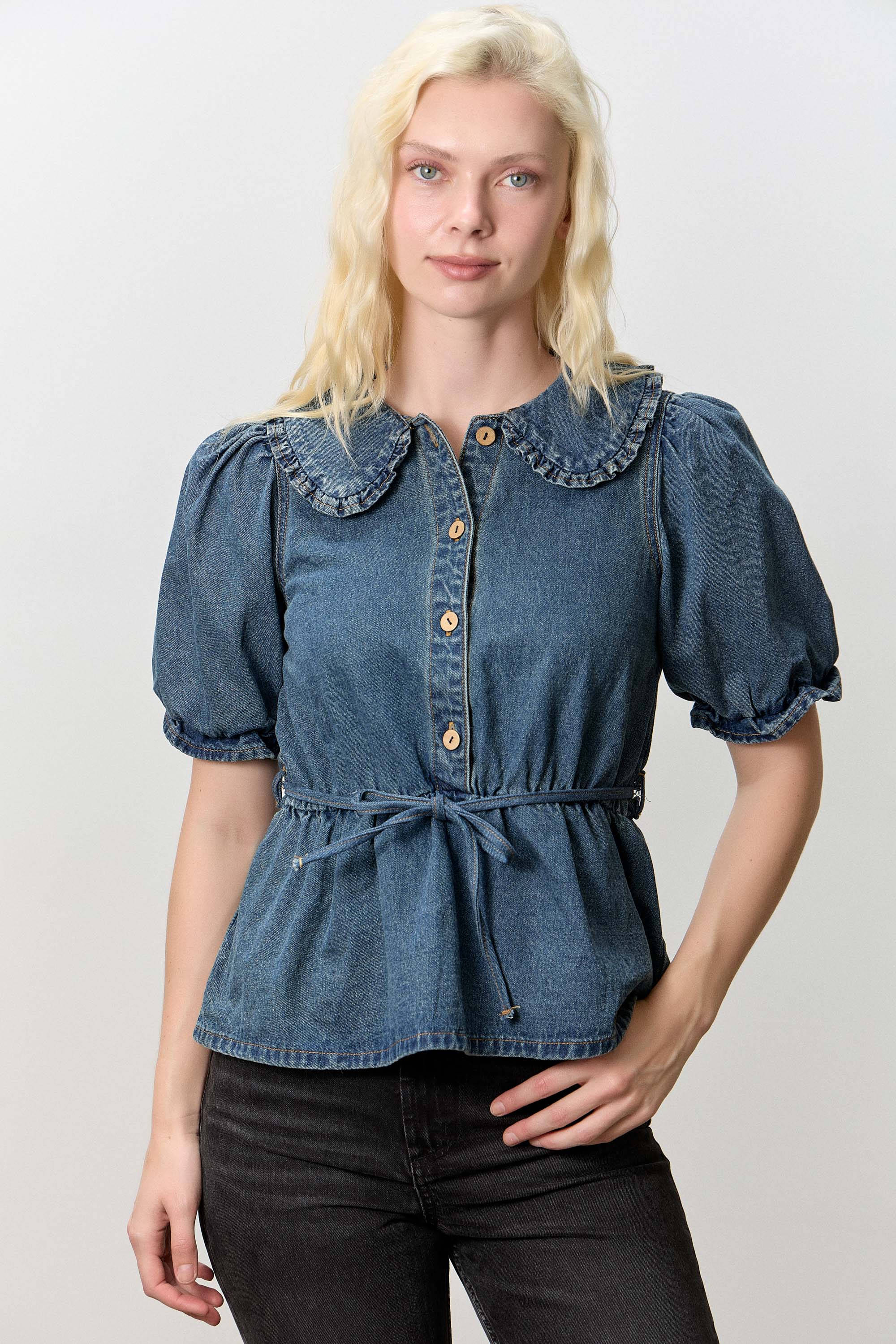 Ruffled Collar Waist Tie Top