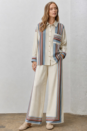 Striped Border Print Button Up Top