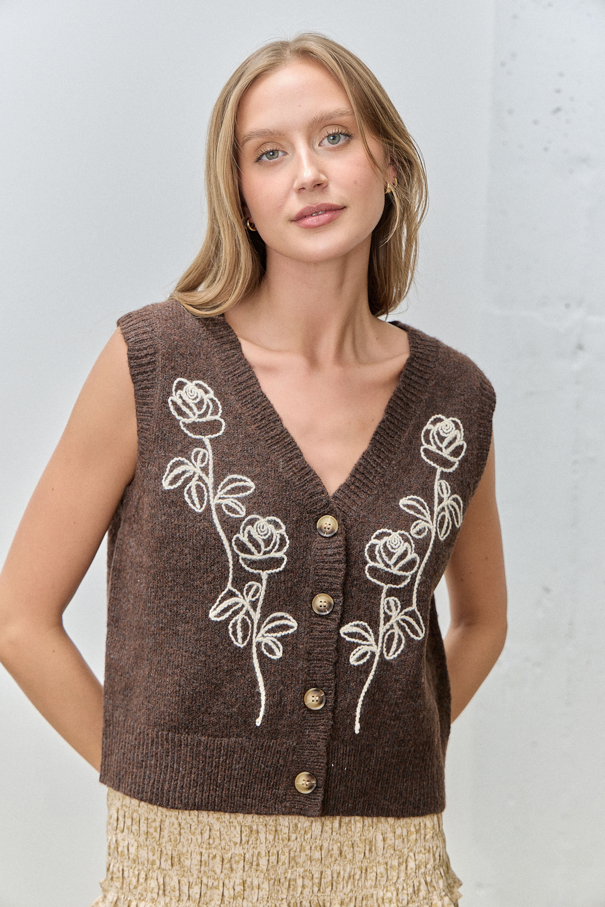 Flower Embroidery Button Up Knit Vest