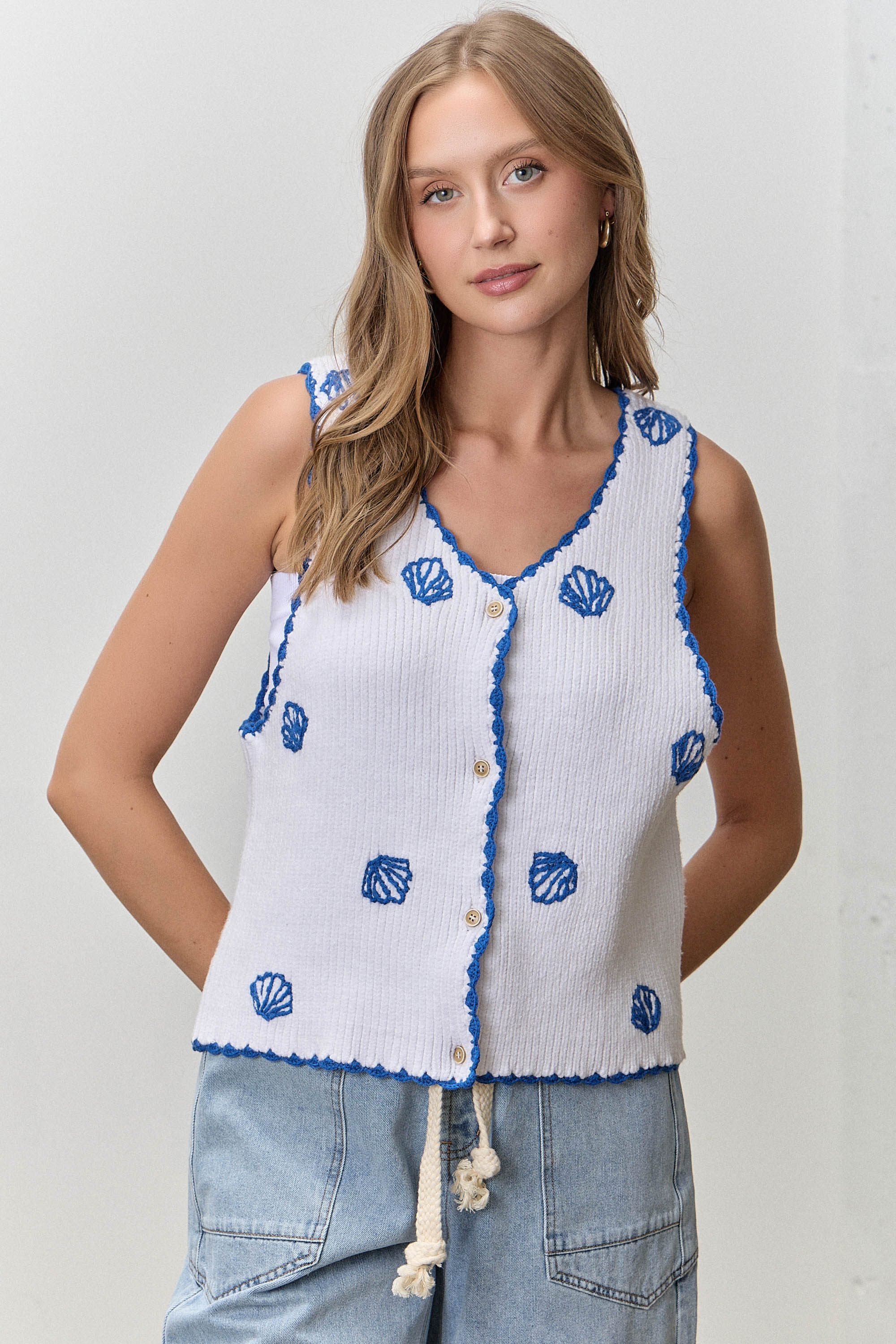 Seashell Embroidered Scalloped Edge Knit Vest