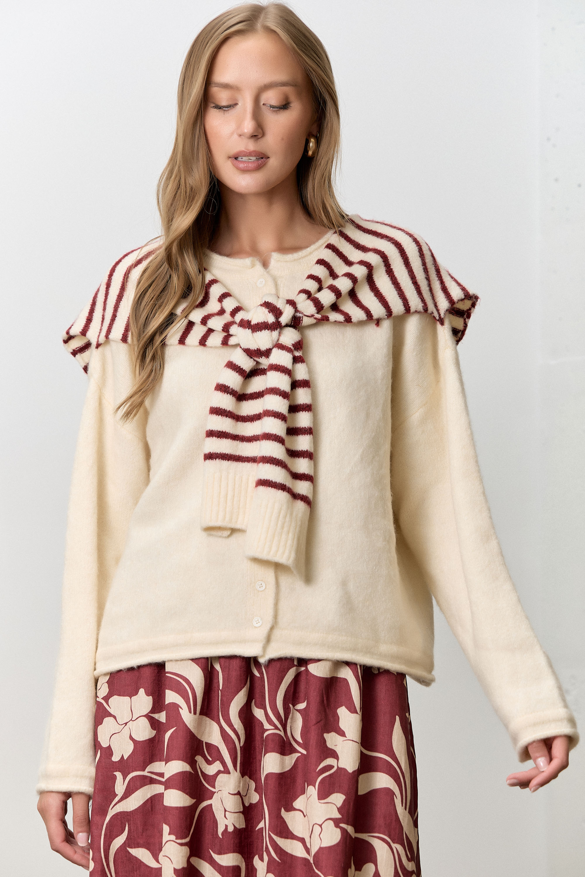 Button Up Cardigan W/ Striped Shawl